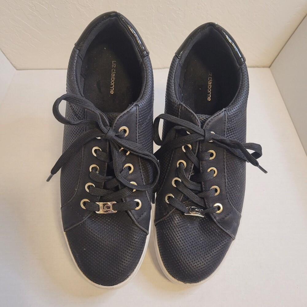 LIZ CLAIBORNE Womens 9M Black Warwick Fashion Sneakers w/ Gold Accents 024-2590
